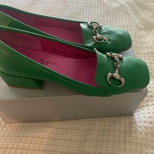Green and Silver leather Loafers with Metal Embellishment